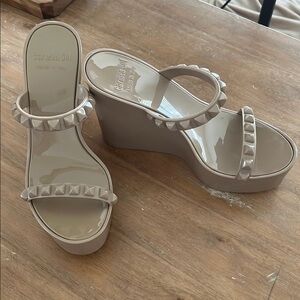 Tan Wedge Sandals with Studded Strap